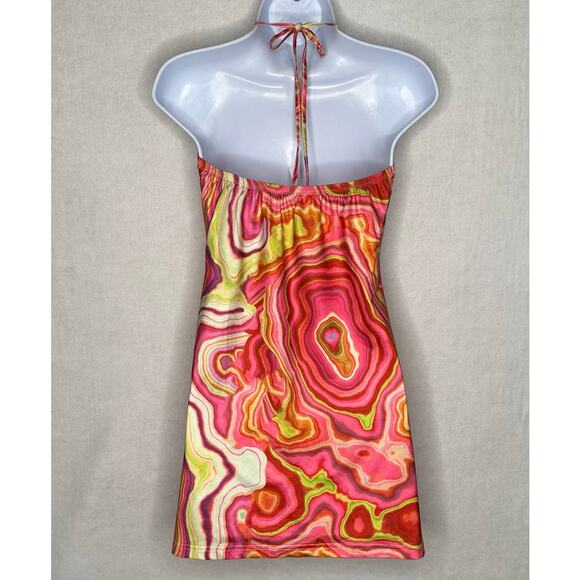 NWT Cider Psychedelic Marble Print Halter Mini Dress – Orange Pink Green XL - Picture 9 of 12